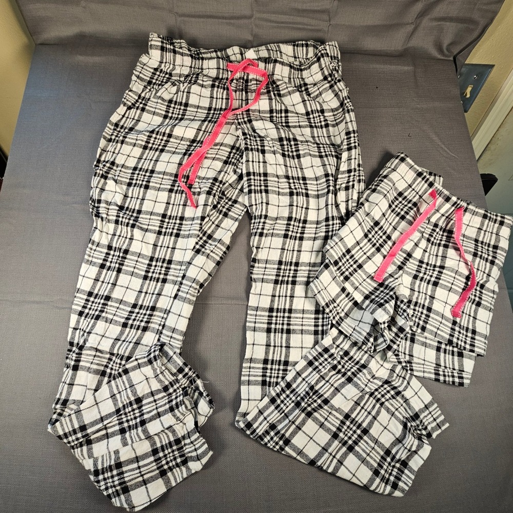 Plaid Pajama Pants and Shorts Set Black White Checkered Pink Drawstring Women